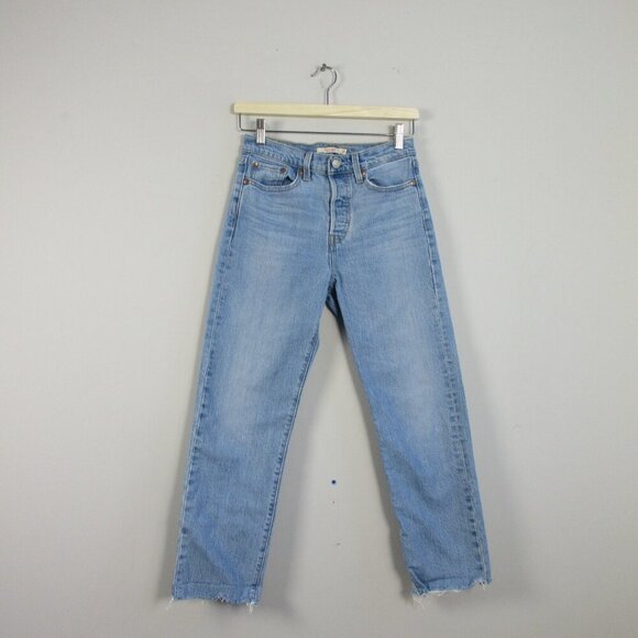 Levi's Wedgie Straight Jeans Women 26 Blue Crop Cotton Button Fly Distressed 570 - Picture 1 of 15